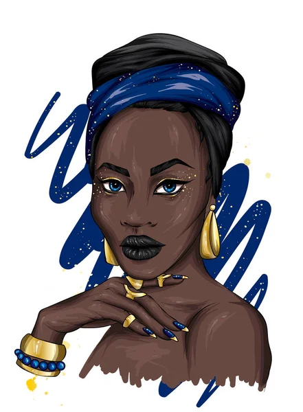 Ilustracja kobiety z jasnoniebieskimi oczami w niebieskim turbanie, z licznymi złotymi pierścionkami, bransoletą i kolczykami, na tle abstrakcyjnych niebieskich kształtów.