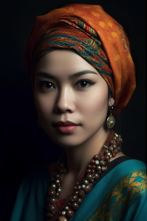Portret kobiety w pomarańczowo-turkusowym turbanie i naszyjniku z dużych, brązowych koralików na ciemnym tle.
